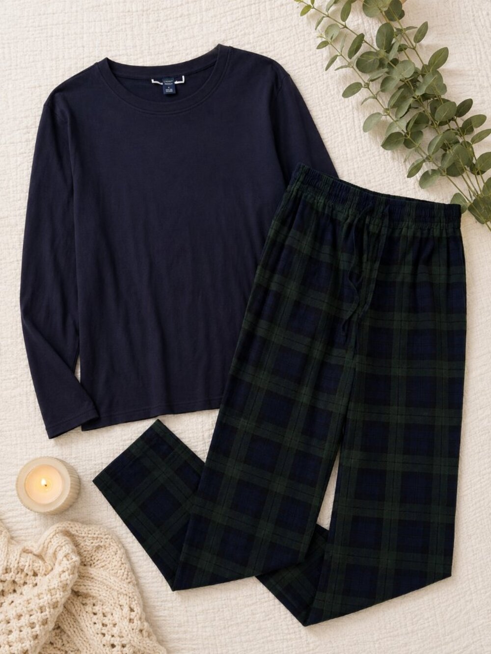 Club Room Men’s Medium Pajama Set Navy Long Sleeve Green Plaid Pants